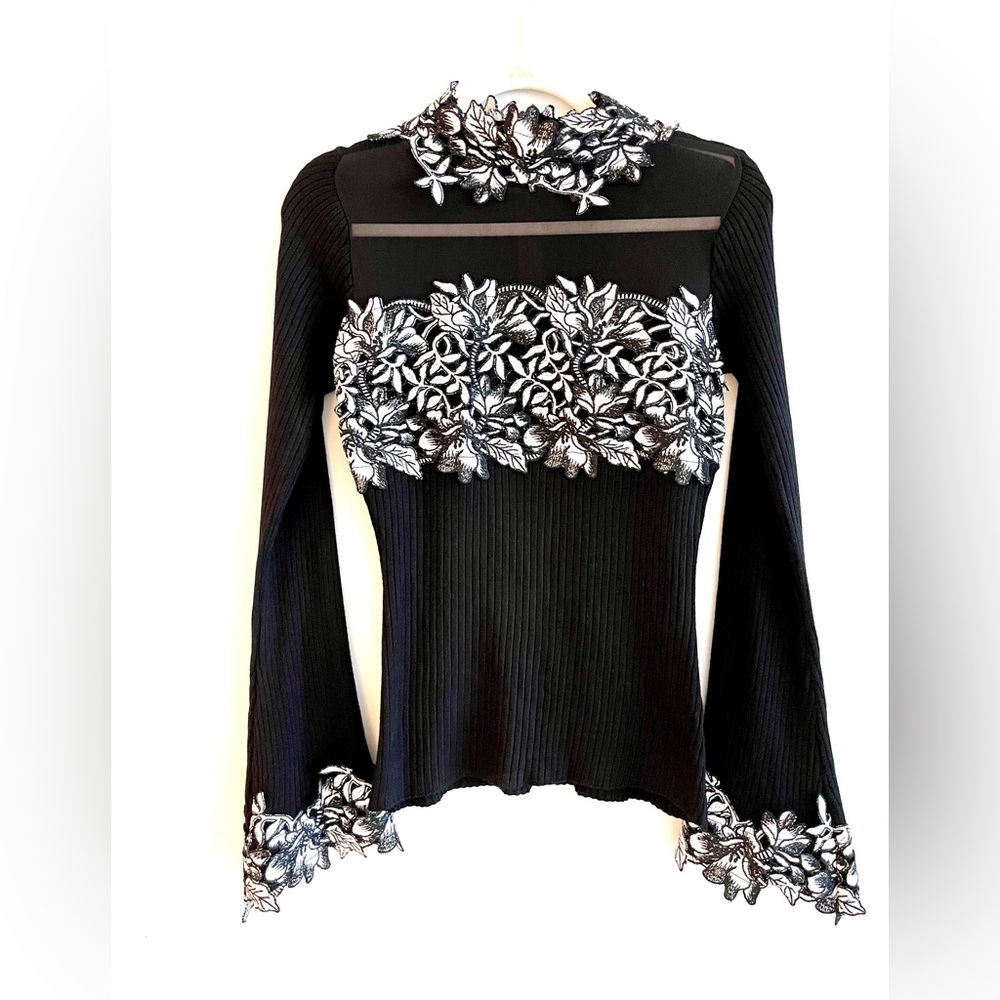 VENUS Black and White Embellished Long Sleeve Blouse